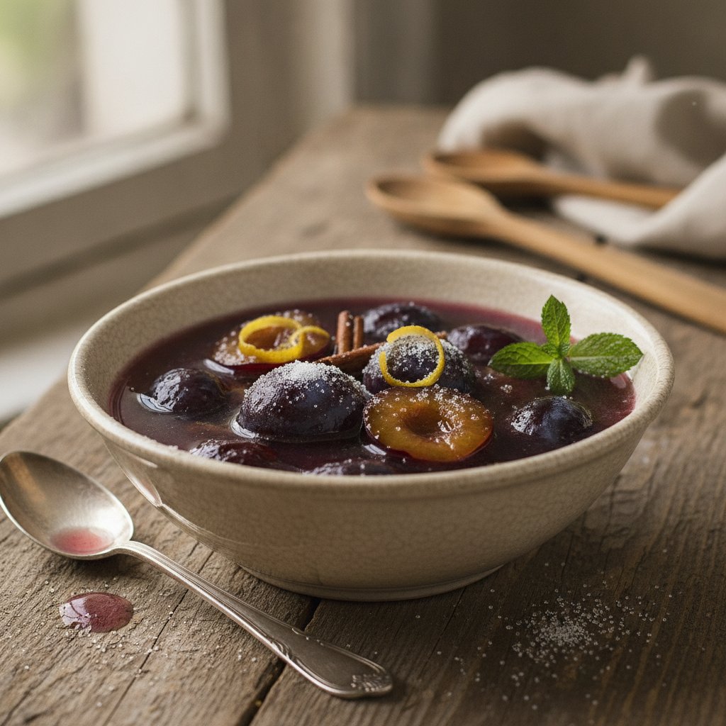 Pflaumensuppe oder Suppe von frischen Zwetschen