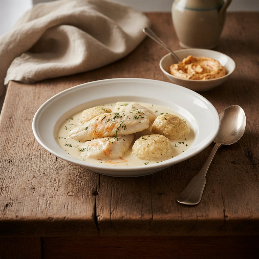Frikassee von Seezungen mit Krebs- oder Sardellenbutter und Fischklößchen
