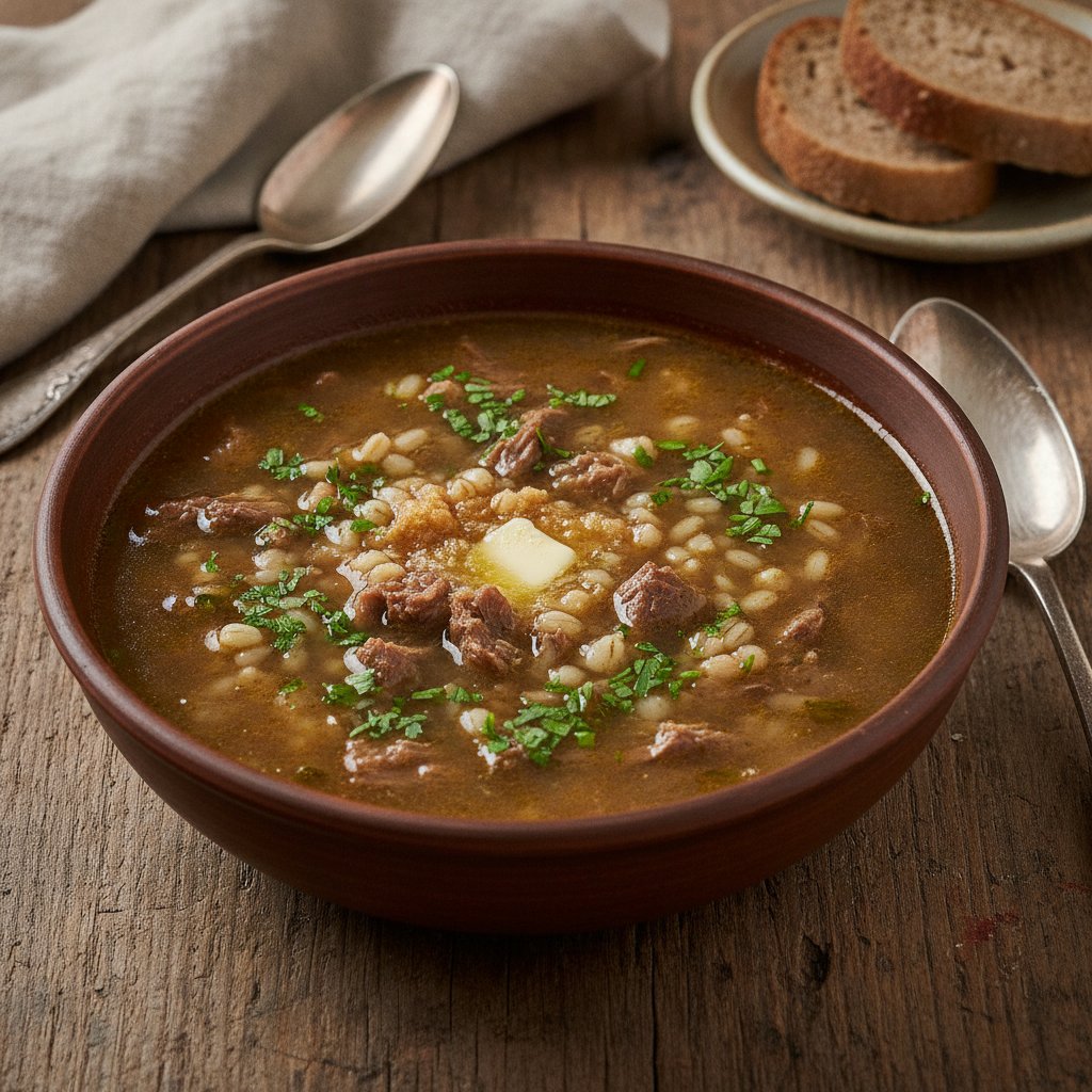 Rindfleischsuppe gebunden mit Perlgraupen oder Reis