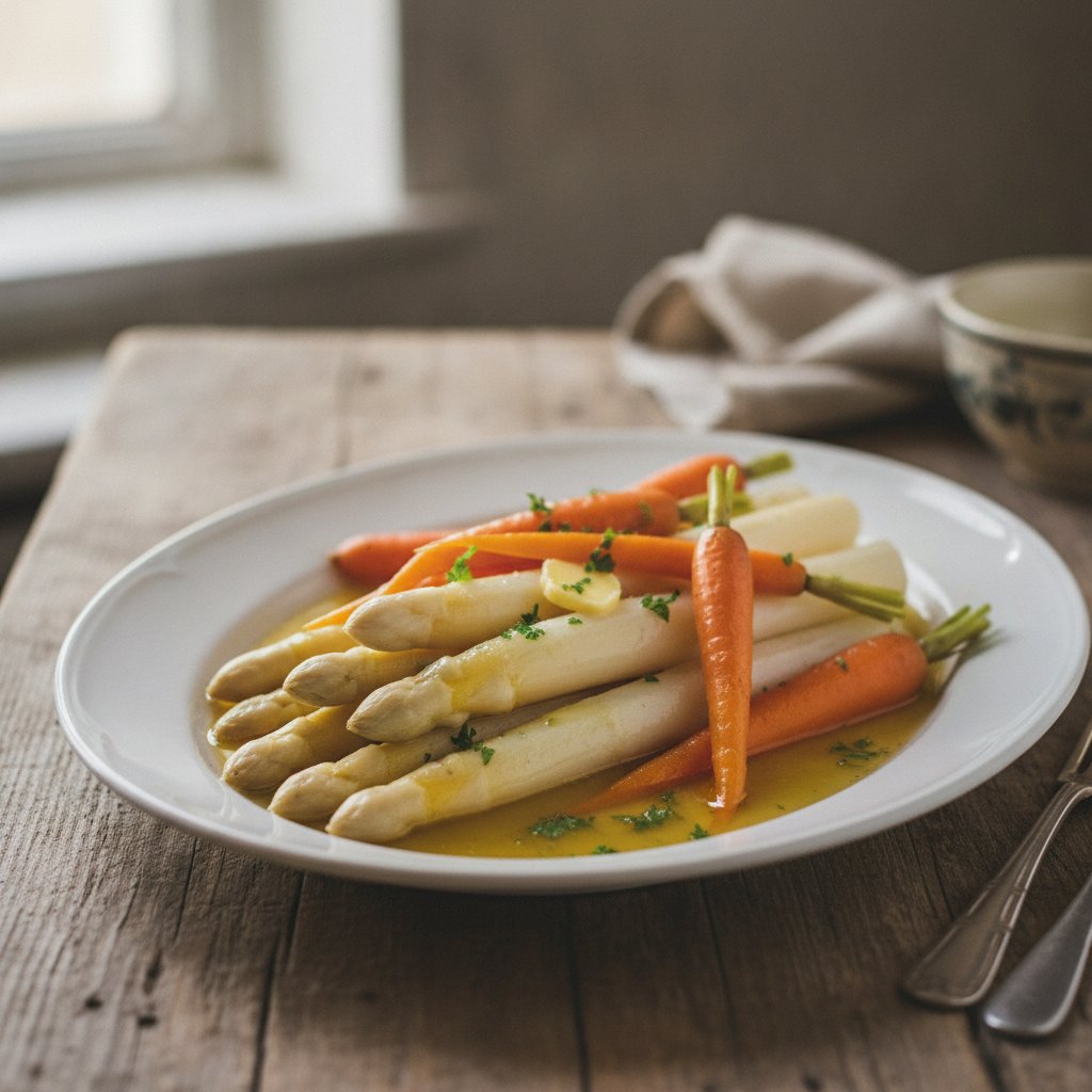 Spargel mit jungen Wurzeln oder Möhren