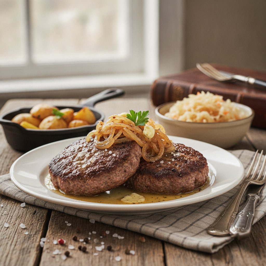 Beefsteak von gehacktem Fleisch; deutsche Beefsteaks