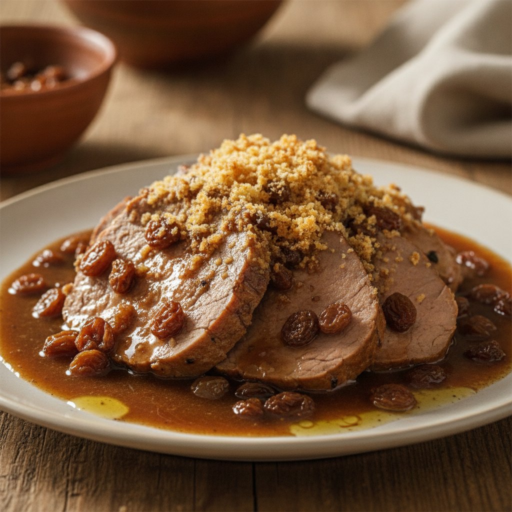 Kalbsbraten aufgewärmt mit Rosinen