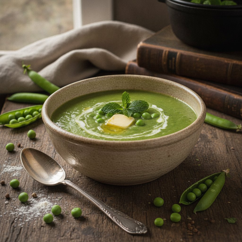 Suppe von jungen Erbsen oder Schotenkernen