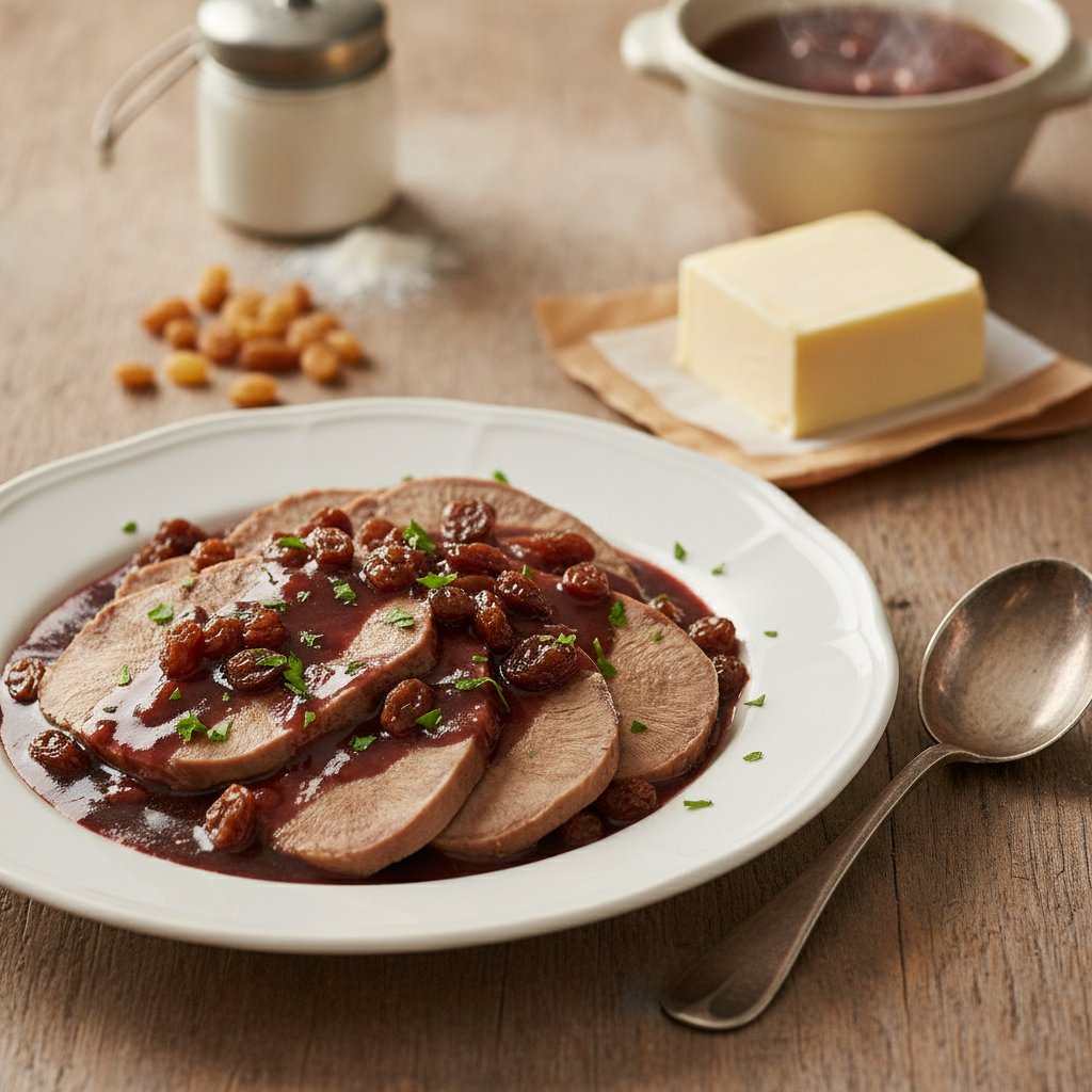 Rotweinsauce mit Rosinen (zu Ochsenzunge)